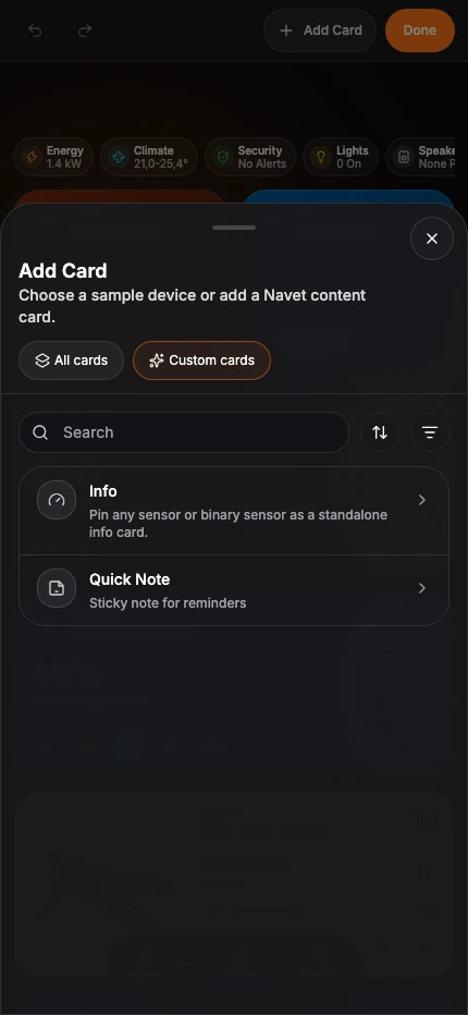 The Custom cards tab showing Navet note and information card templates.