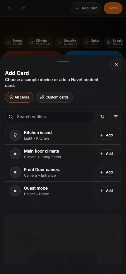 The phone Add Card sheet showing All cards, Custom cards, search, filters, and sample devices.
