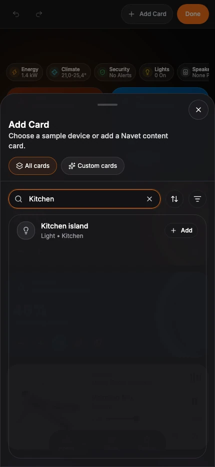 The phone Add Card sheet filtered to the Kitchen island light.
