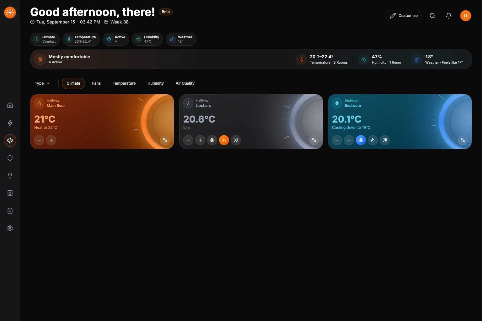 The current Climate dashboard grouped into room controls and environmental details.