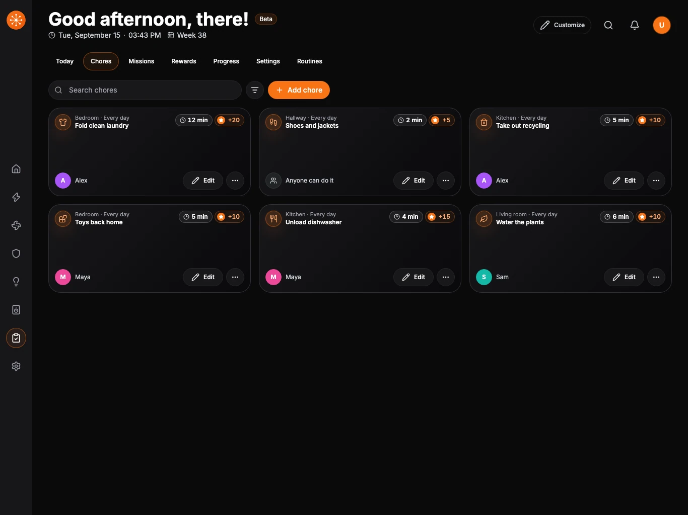 The Chore library with search, filters, assignments, schedules, and actions for each chore.