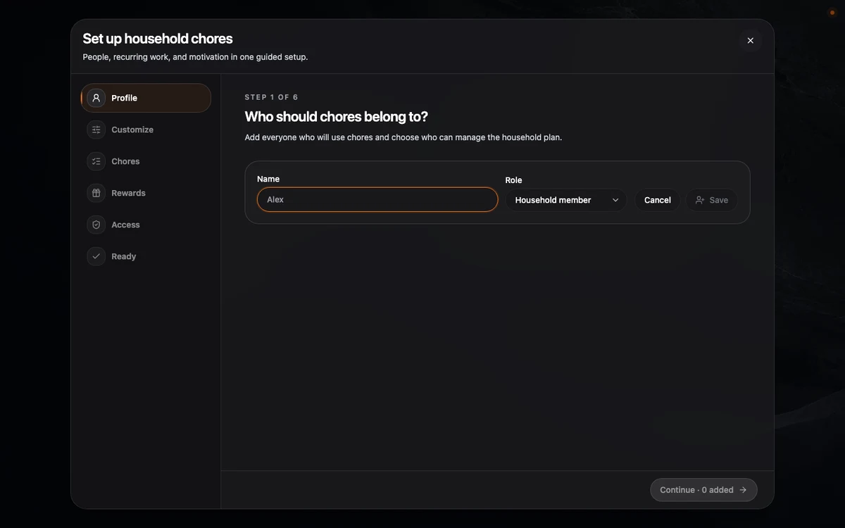 The People step of guided setup with the add-person form and the six setup destinations.