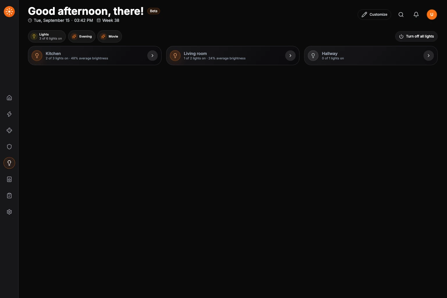 The Lights dashboard with whole-home status, scene shortcuts, a power action, and room groups.