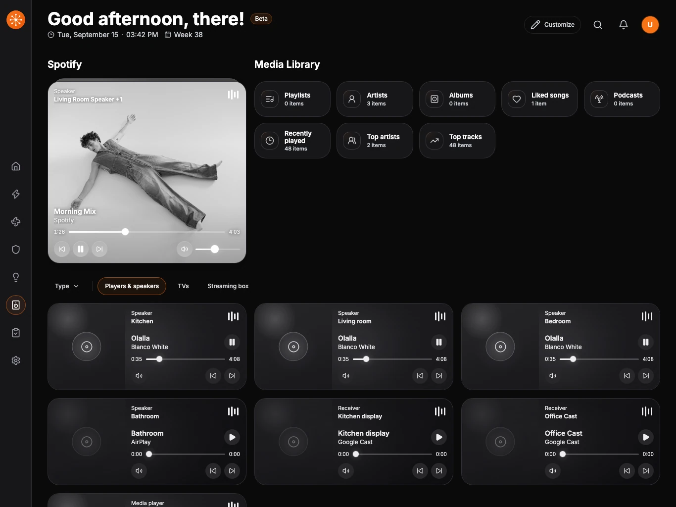 The current Media dashboard with active now playing, Media Library, player destinations, and TVs.