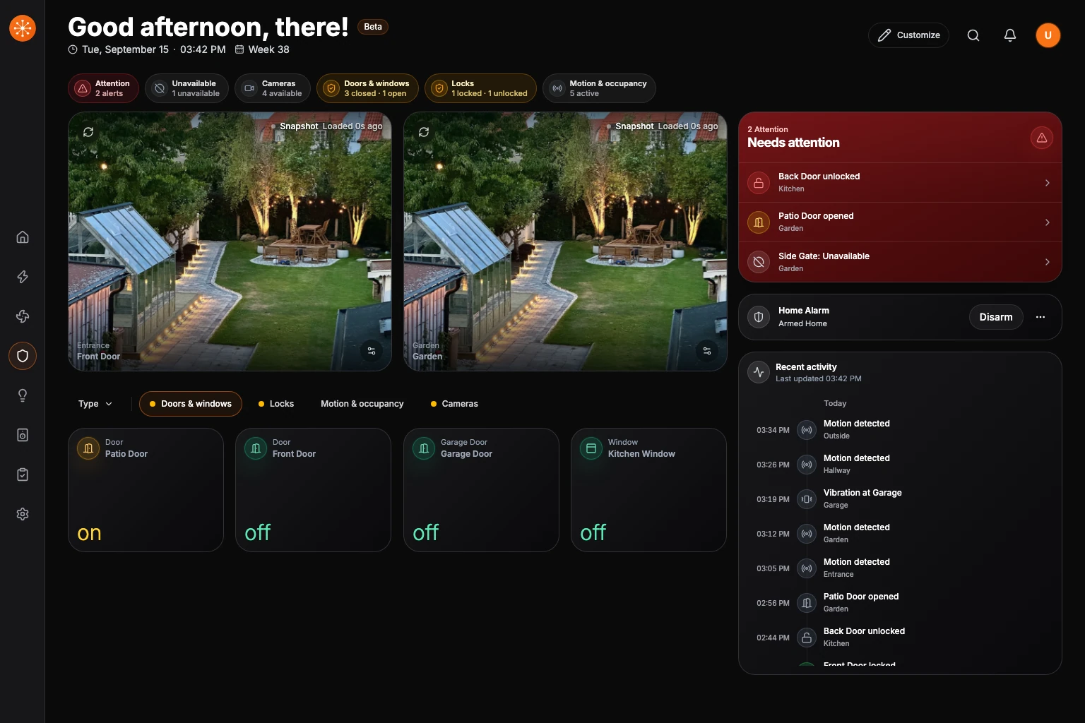 The current Security dashboard with camera feeds, needs-attention actions, alarm controls, recent activity, and grouped security cards.