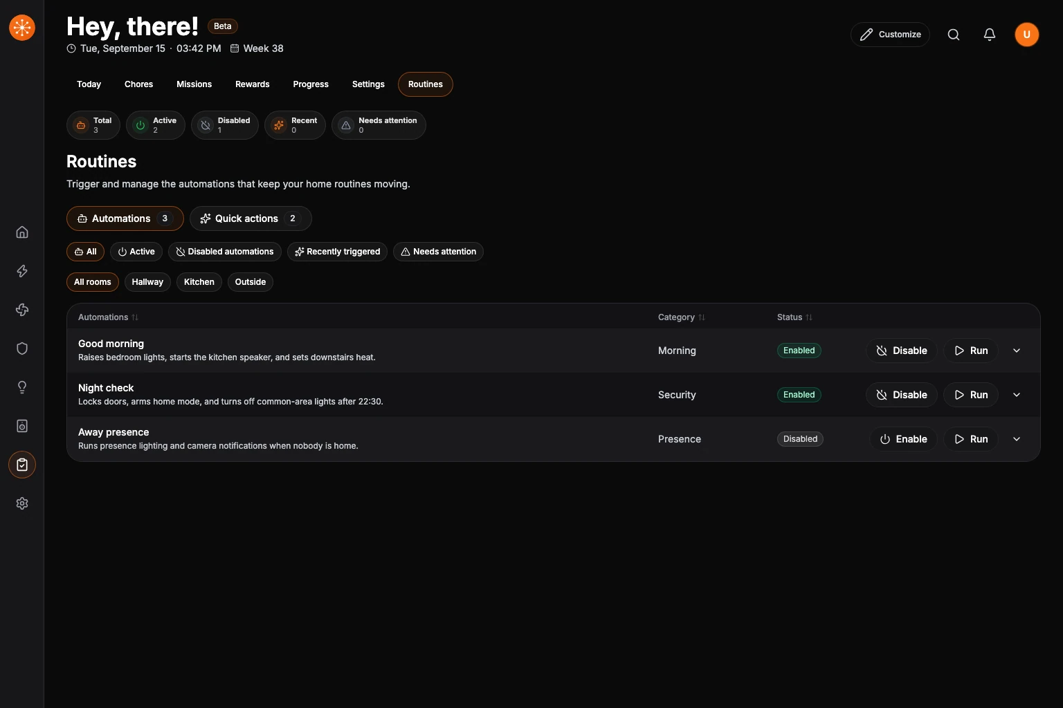 The Routines dashboard with summary counts, automation and quick-action tabs, filters, and run controls.