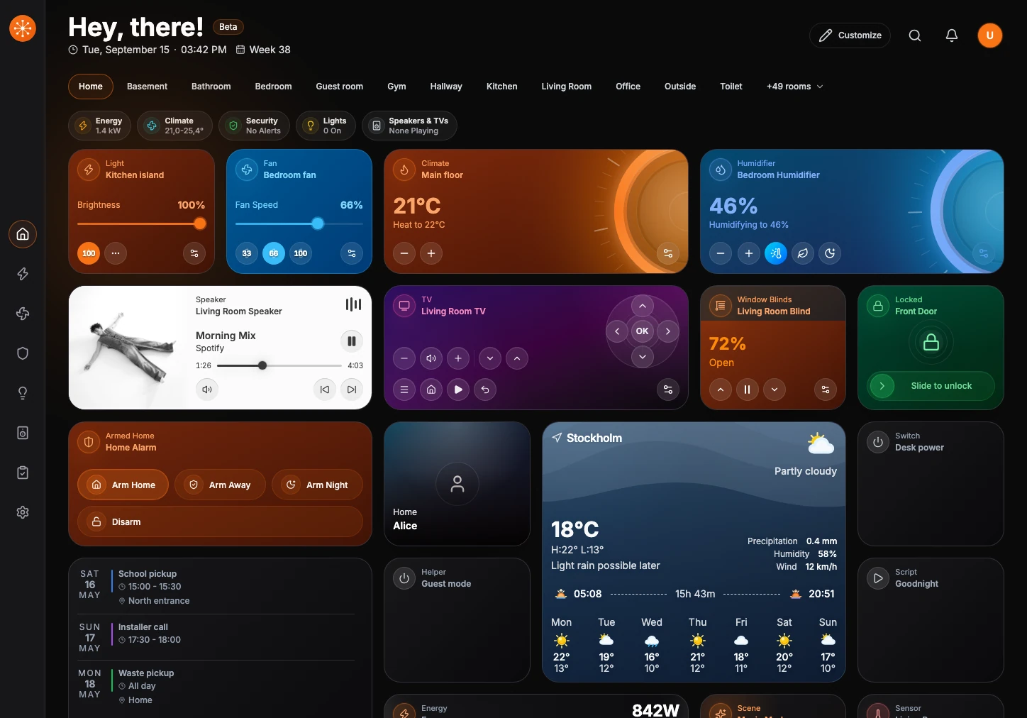 The current Navet Home dashboard with section navigation, room navigation, status summary, and responsive cards.