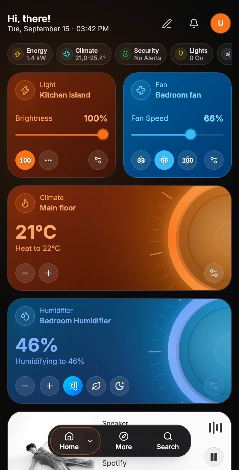 Navet Home on a phone with the Home button and section menu identified.