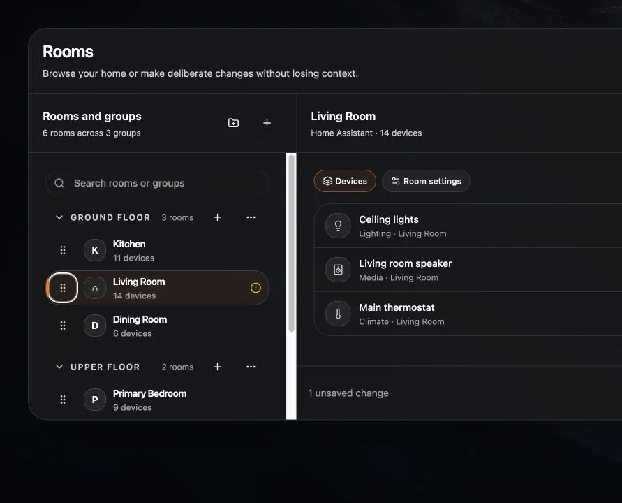 Room actions showing Edit, Merge, Split, and Delete.