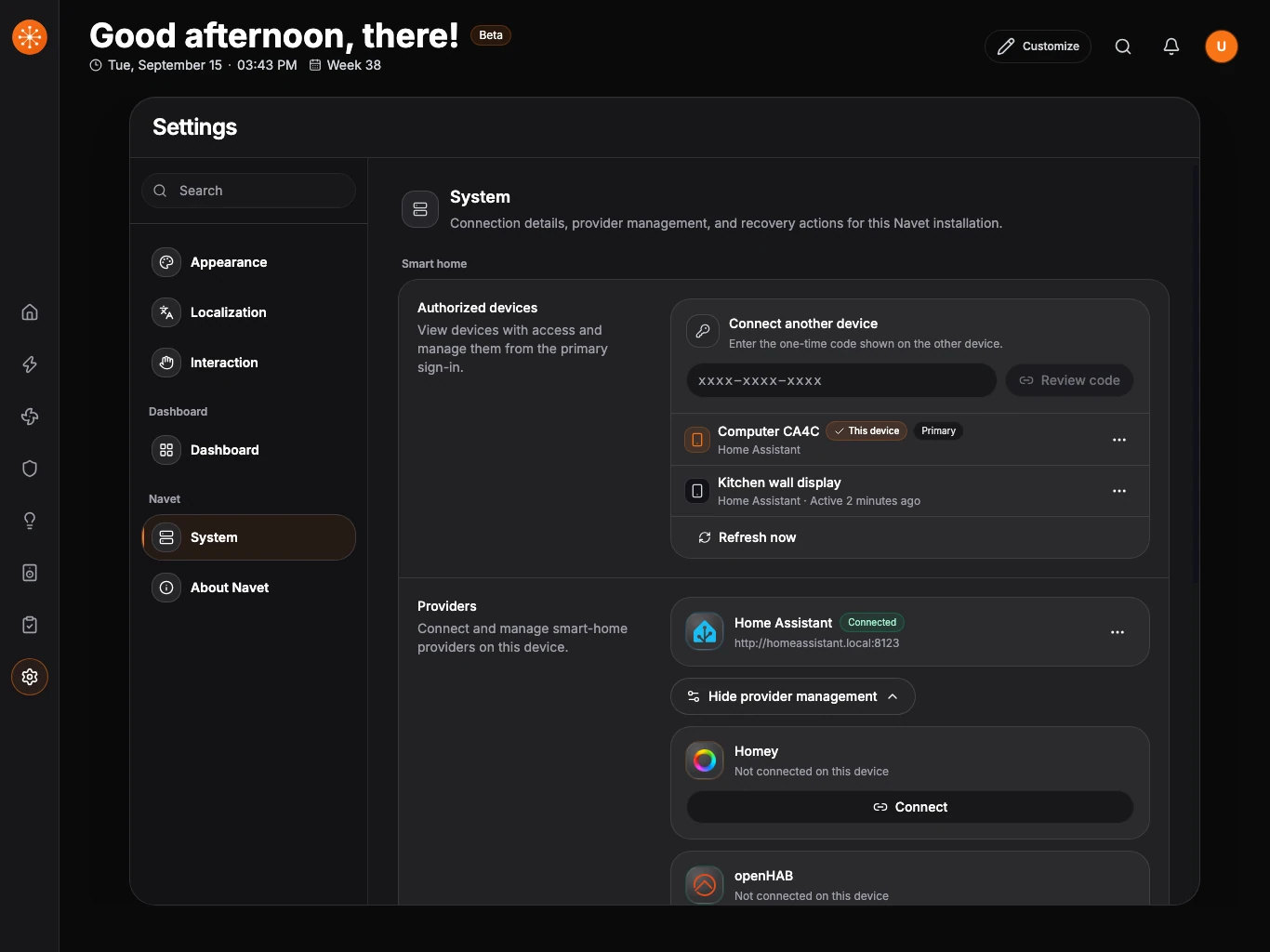 System settings showing connected and available providers.