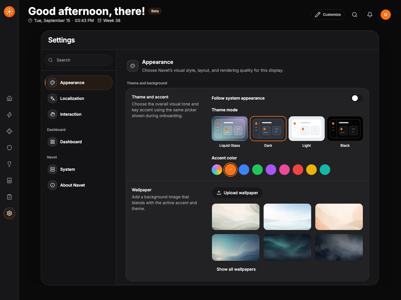 Appearance settings with the theme and accent controls.