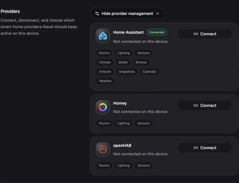 System settings showing the connected providers and their registered capabilities.